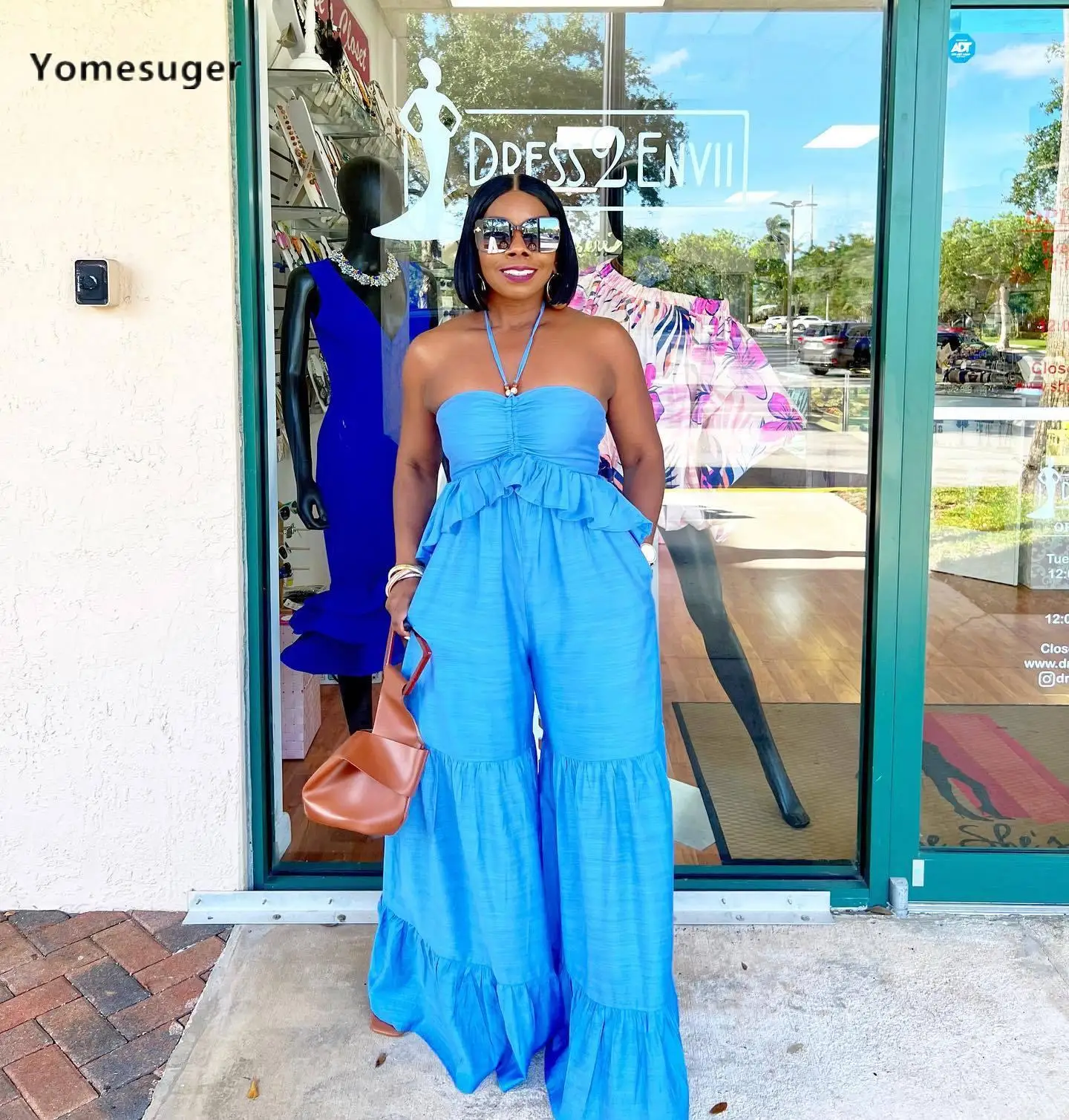 

Yomesuger Fashion Hipster Halter Sleeveless Ruffles Splice Wide Leg Straight Jumpsuit Women 2023 Sexy Party One Piece Rompers