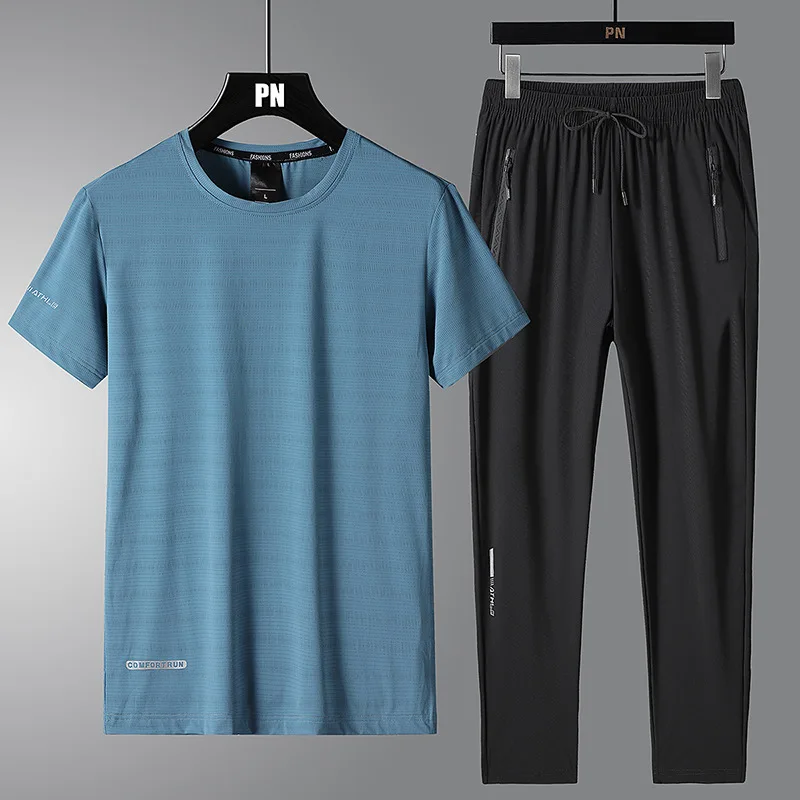 2023 Summer New Men's Silk Sports Set Solid Short Sleeve T-shirt+Sports Pants Two Piece Set for Mens Jogging and Morning Running