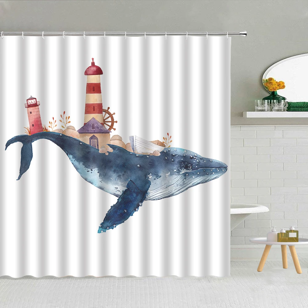 

Nautical Shower Curtain Bath Mat Marine Theme Design on Rustic Wooden Board Beach Ocean Shell Lighthouse Sailboat Bath Curtain
