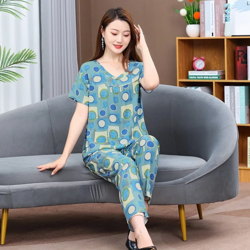 

2023 Grandma Outifits Middle-Aged Elderly Mothers Two Piece Sets Women Short-Sleeved T-Shirt Pant Suit XL-5XL
