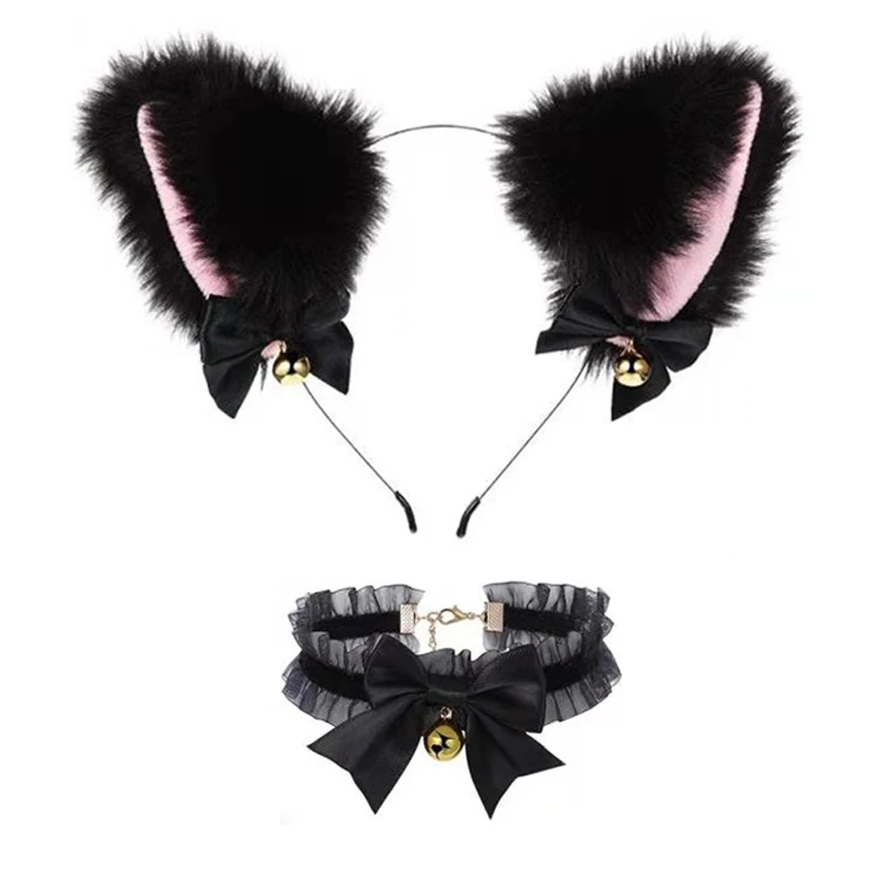 Черная повязка на голову с кошачьими ушками и искусственными плюшевыми