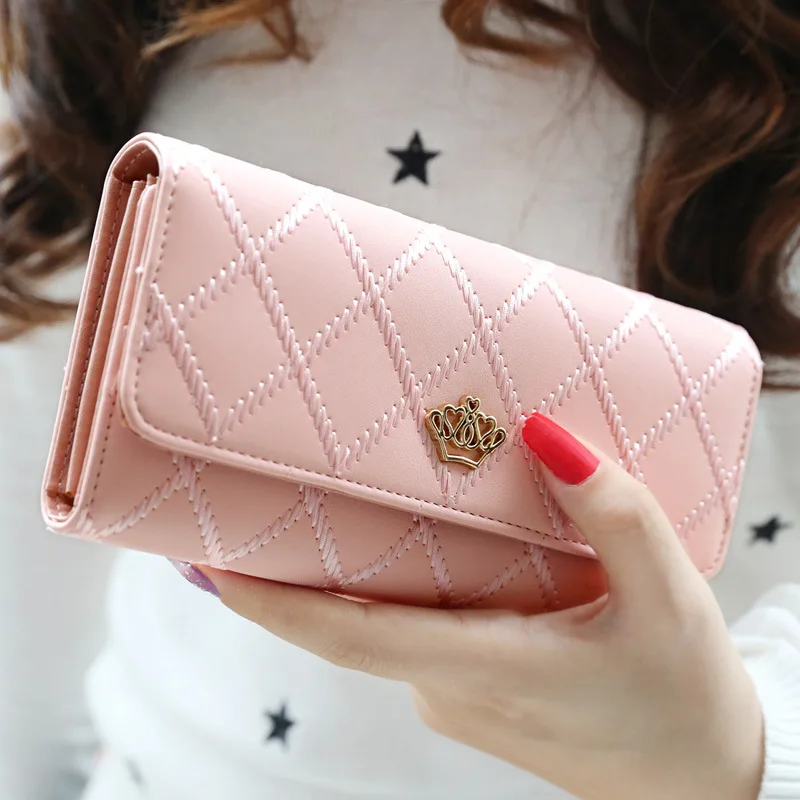 

Luxury Crown Women Wallets Long Hasp Three Fold Coin Purses Fashion Solid Color Clutch Female Money Bag Credit Card Holder