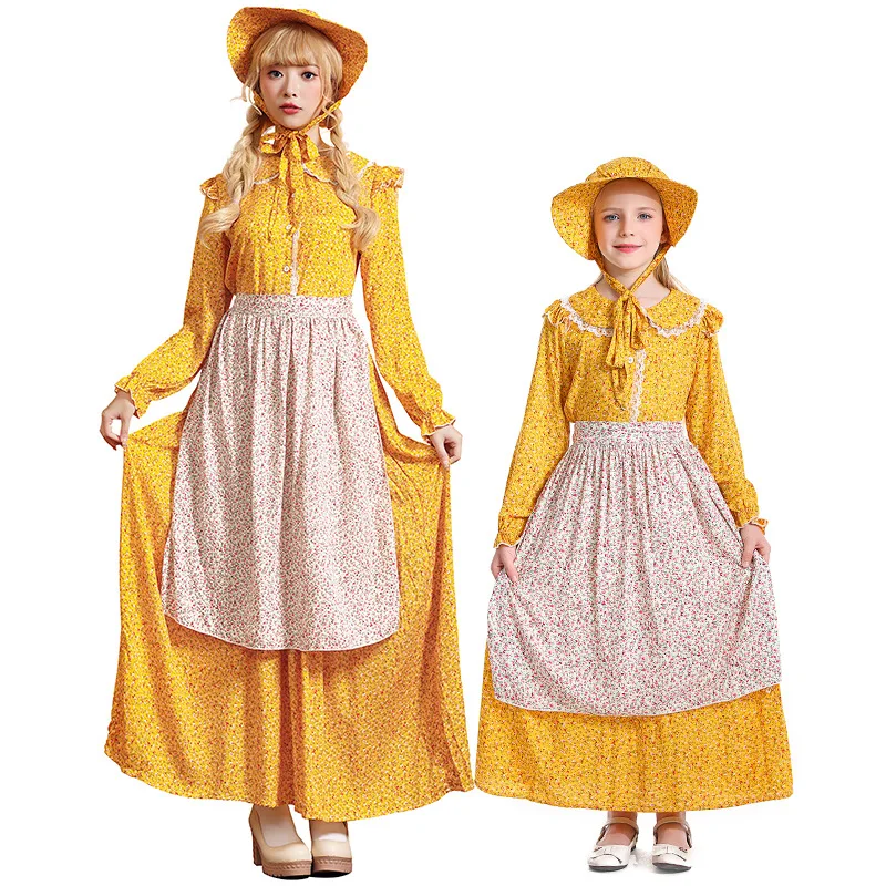

Yellow Floral Colonial Mother Daughter Costume Prairie Country Style Dress Country Style Cosplay Women Halloween Costumes Mom