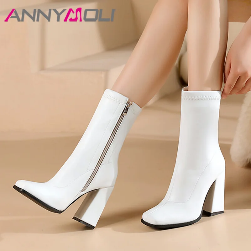 

ANNYMOLI Women Pu Leather Fashion Boots Mid Calf Boots Thick High Heel Sqaure Toe Booties Zipper Sexy Winter Autumn Shoes Black
