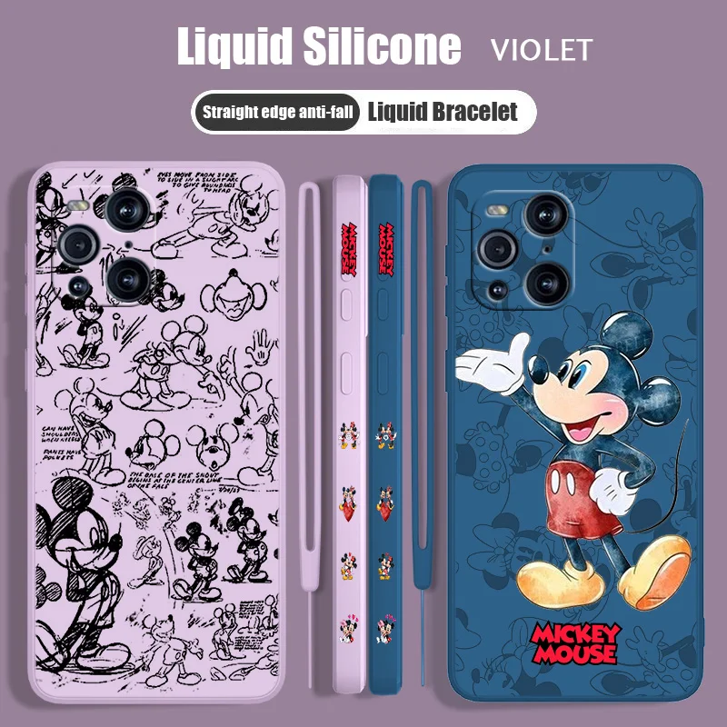 

Disney Mickey Mouse Cute Liquid Left Rope Phone Case For OPPO Find X5 X3 X2 Lite Pro Neo 5G Lanyard Funda Soft TPU Cover
