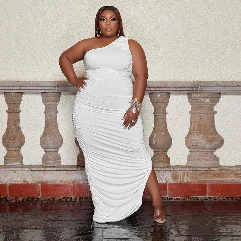 Plus Size Women's Dress 2023 New Fashion Large Spring And Summer Women's New One-shoulder Irregular Pleated Dress Multi-color