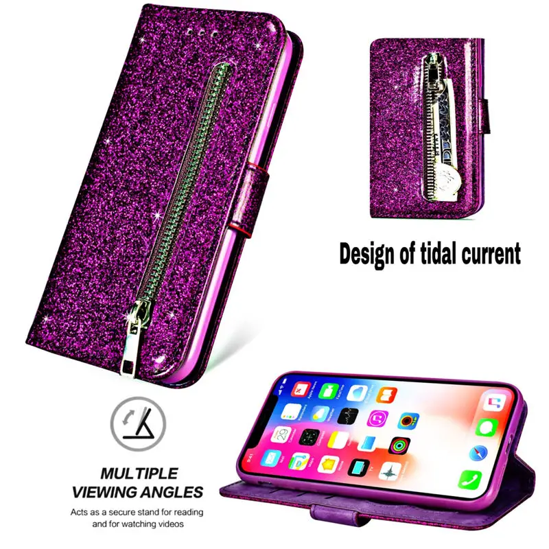 Glitter PU Leather Holder Stand Case For iPhone 14 13 12 11 Pro X XR XS Max SE 2022 For iPhone 8 7 6 6S Plus 5 5S Wallet Cover