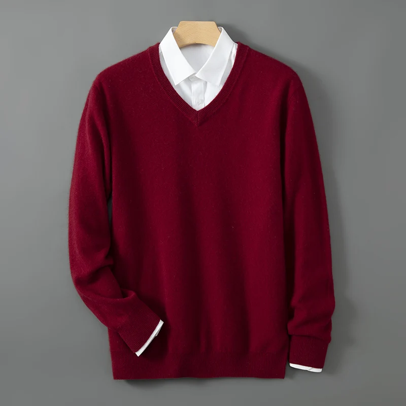 Мужской повседневный свитер вязаный джемпер из 35% кашемира с v-образным вырезом