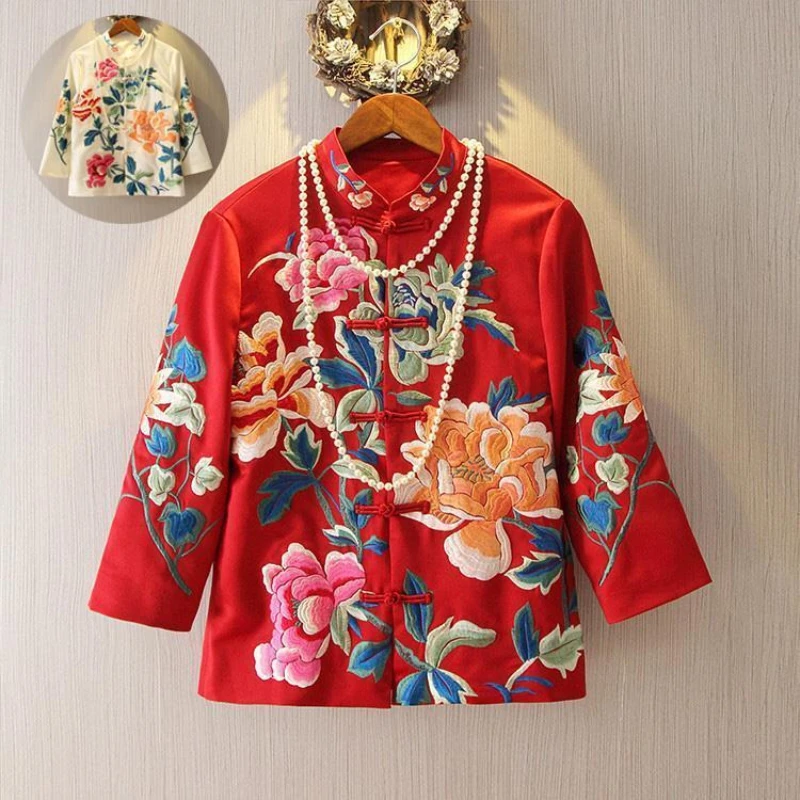 

Женский костюм в китайском стиле Тан, короткая блузка в стиле Ципао с вышивкой пионами для весны и лета
