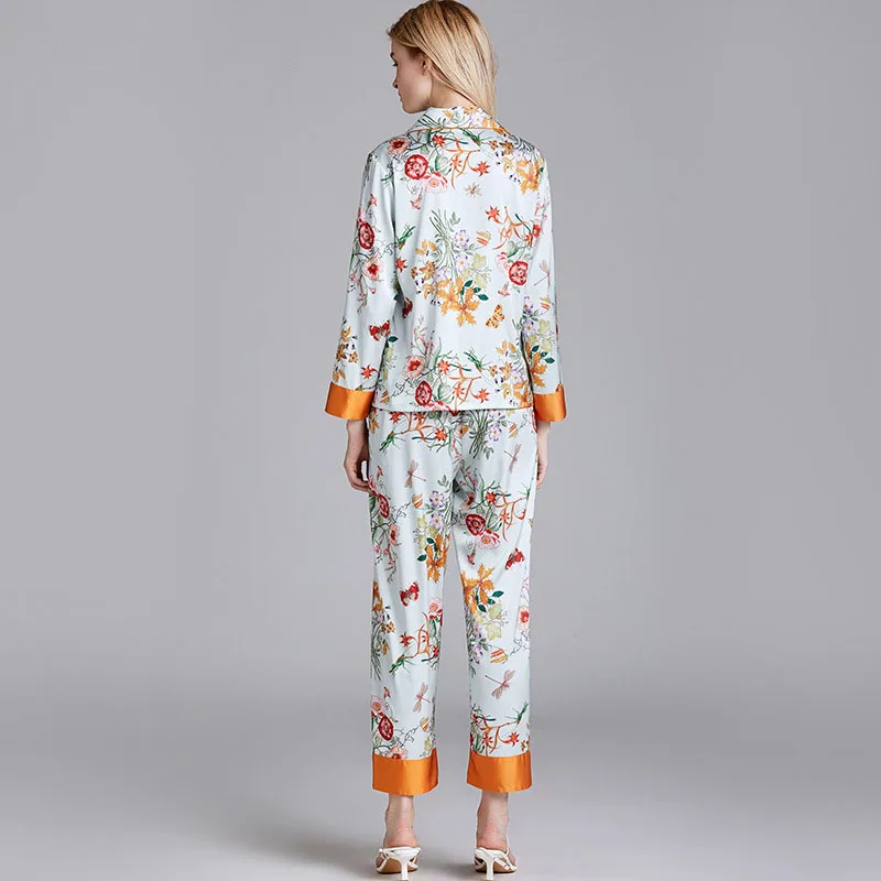 Women 2 Pieces Satin Silk Sleepwear Long Sleeve Button Shirt and Pants Floral Printed Pajamas Set