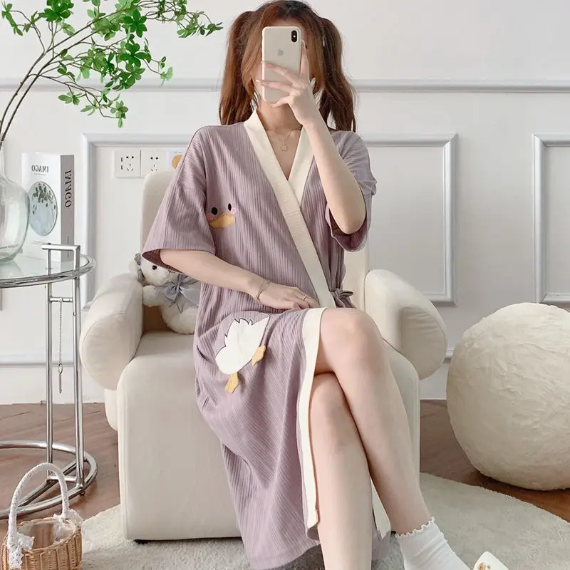 

Sleepwear Robe Summer Thin Cotton Women Nightgown Cartoon Printed Short-sleeved Pajamas Bathrobe Dressing Gown for Female