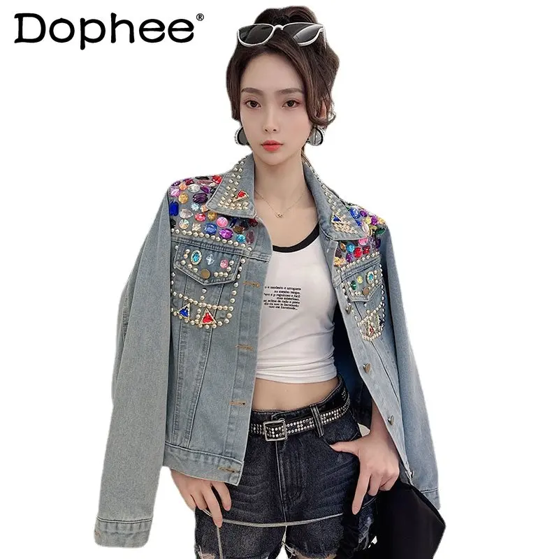 Thai Fashion Heavy Industry Denim Jacket Women's Clothing Small Beaded High-Grade European Goods Motorcycle Clothes Jeans Coats
