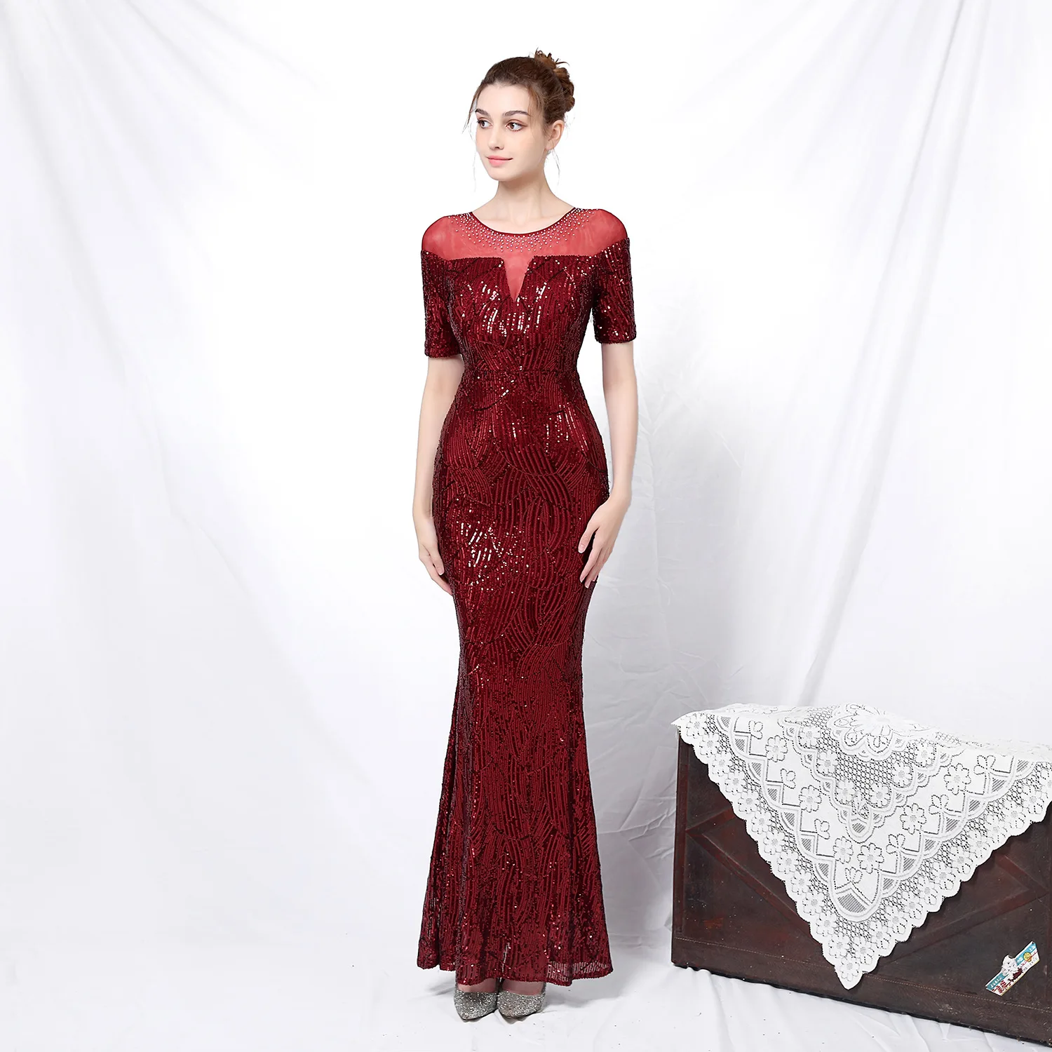 

Sexy Sheer O-neck Mermaid Prom Party Dresses Sparkly Sequins Applique Vestidos lentejuelas Evening Cocktail Gown
