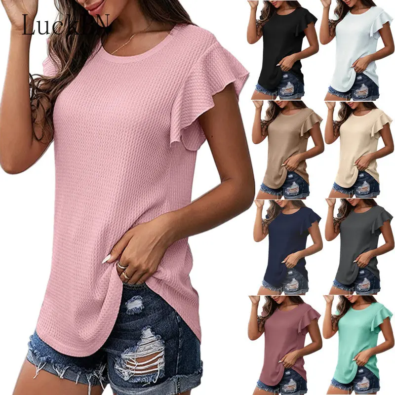 

Женская футболка с вафельным принтом, Однотонная футболка цвета хаки с круглым вырезом и коротким рукавом в виде листьев лотоса, одежда для лета