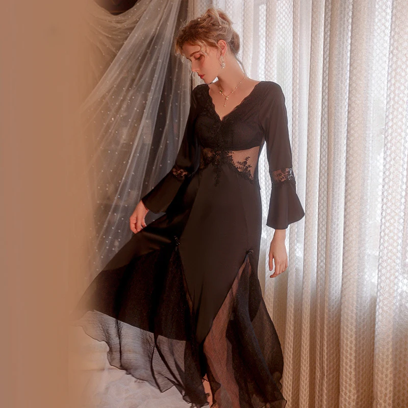 Sexy Night Wears For Women Satin Robe Temptation Deep V Mesh With Bra Pads Embroidery Lace Wedding Bride Nightdress Home Suit