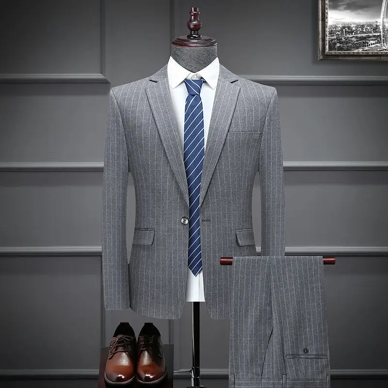 

2022 Men Spring Autumn New Striped Business Suit Male Groom Wedding Social Dress Blazer + Pants Men 2 Piece Suit Trousers C170
