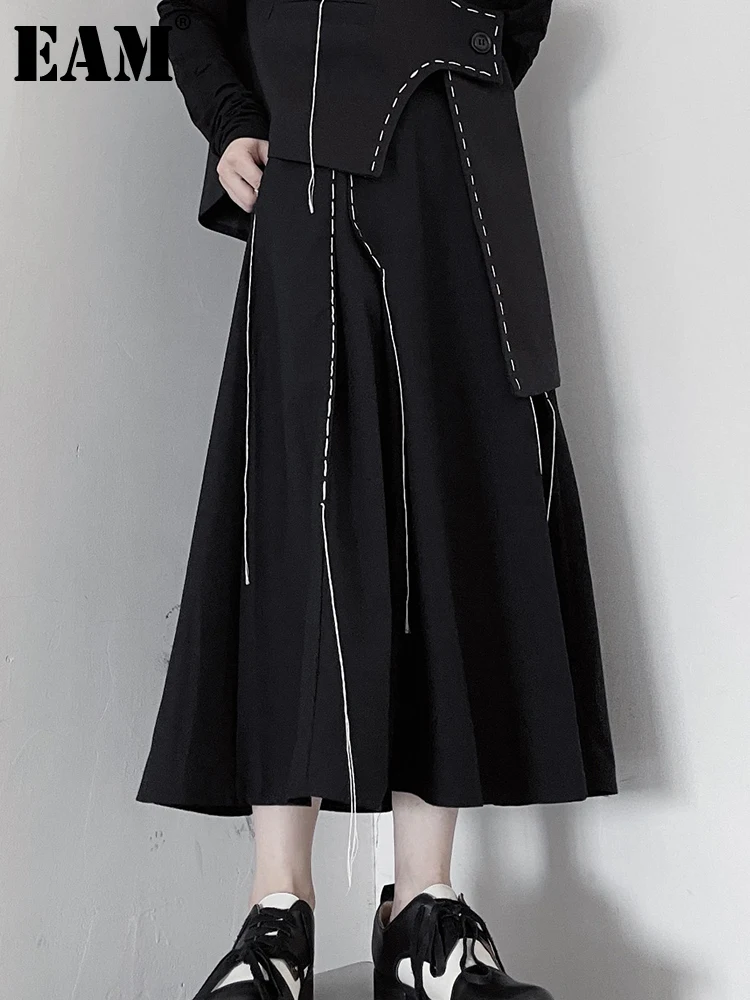 

[EAM] High Elastic Waist Black Casual Asymmetrical Half-body Line Skirt Loose Women Fashion Tide New Spring Autumn 2023 1DF3492