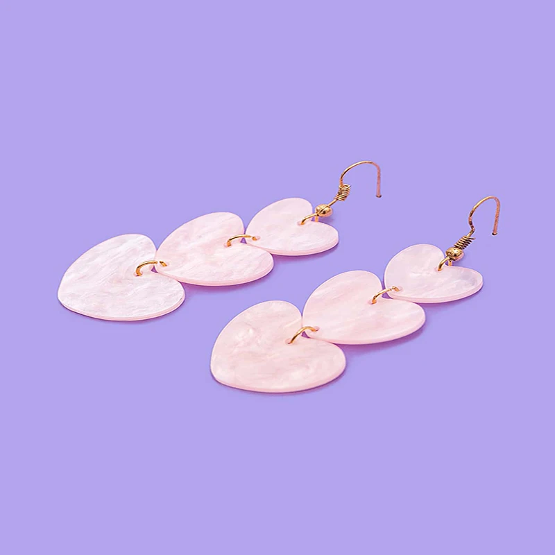 

1 Pair 3 Tier Heart Trio Statement Gorgeous Pastel Pink Drop Dangle Earrings Gold Plated Hook Gift for Women Girls Cute Jewelry