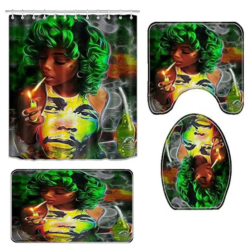 

Exotic Afro Girl Smoking Cigar Cartoon Woman Is In The Bathtub Shower Curtains Set With Bath Floor Rugs 4Pcs For Bathroom Decor