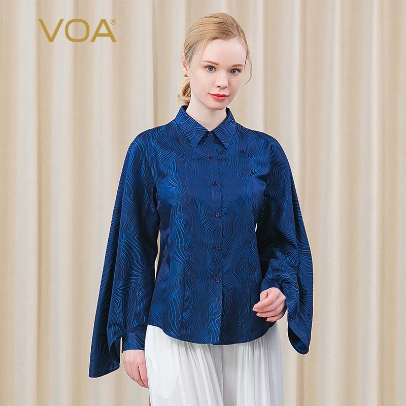 

(Распродажа) VOA 34 м/м шелковая окрашенная в пряже жаккардовая рубашка поло с воротником женские топы плиссированная рубашка рукав дуговая рубашка BE573