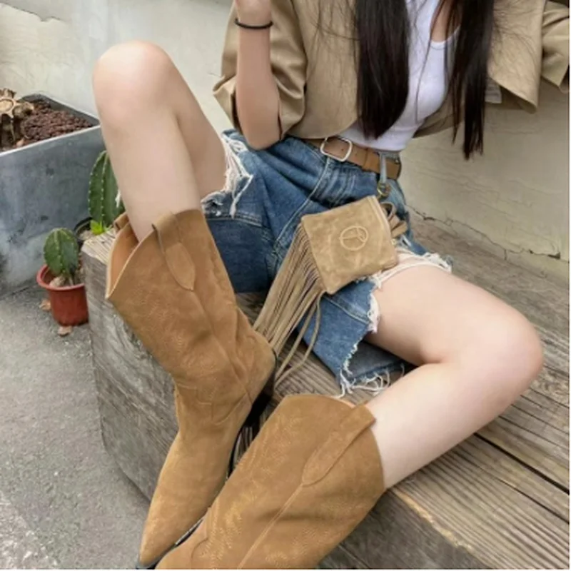 

Winter Hot Sale Classic Chelsea Boots Woman Real Suede Pointy toe Wedges heel Ankle Boots Simple Comfortable Cowboy Boots Mujer