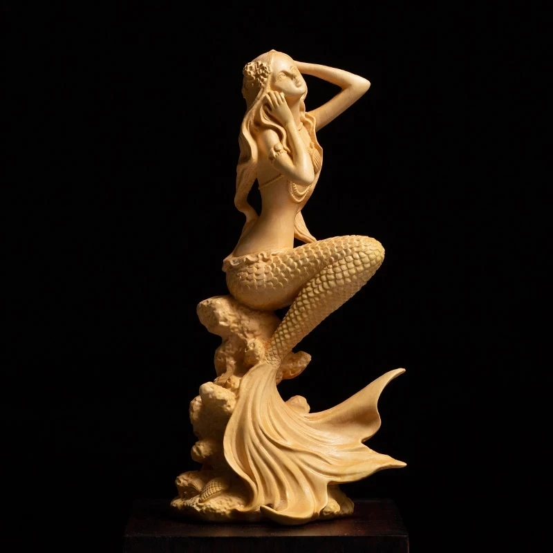 15/19cm Boxwood Carving Living Room Decoration Beauty Figure Statue Crafts Office Sculpture Mermaid Home Decor