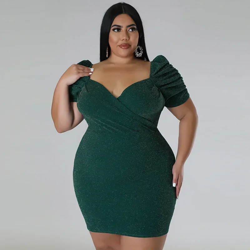 KEXU сексуальные блестящие платья больших размеров с рюшами и коротким рукавом