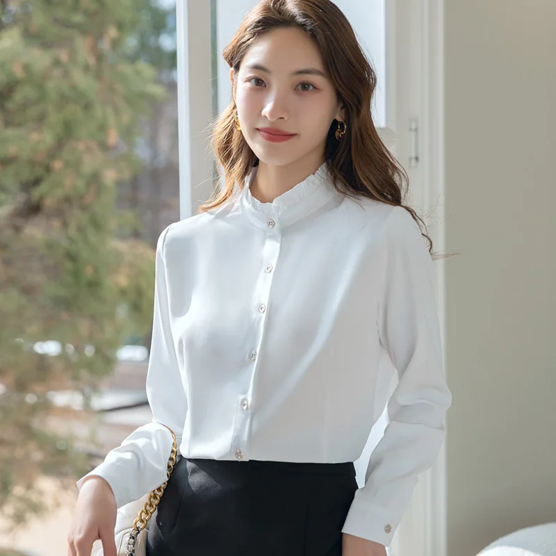 Chiffon Shirt Women'S New 2022 Korean Of Foreign Style Fashion Wooden Ear Edge Stand Collar Bottomed Design Sense