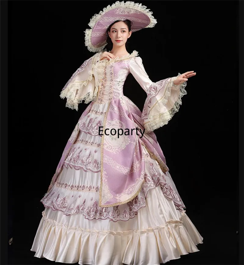 

Women Medieval Royal Rococo Baroque Style Costume Deluxe Lace Trim Ball Gown Victorian Dress with Hat Customized