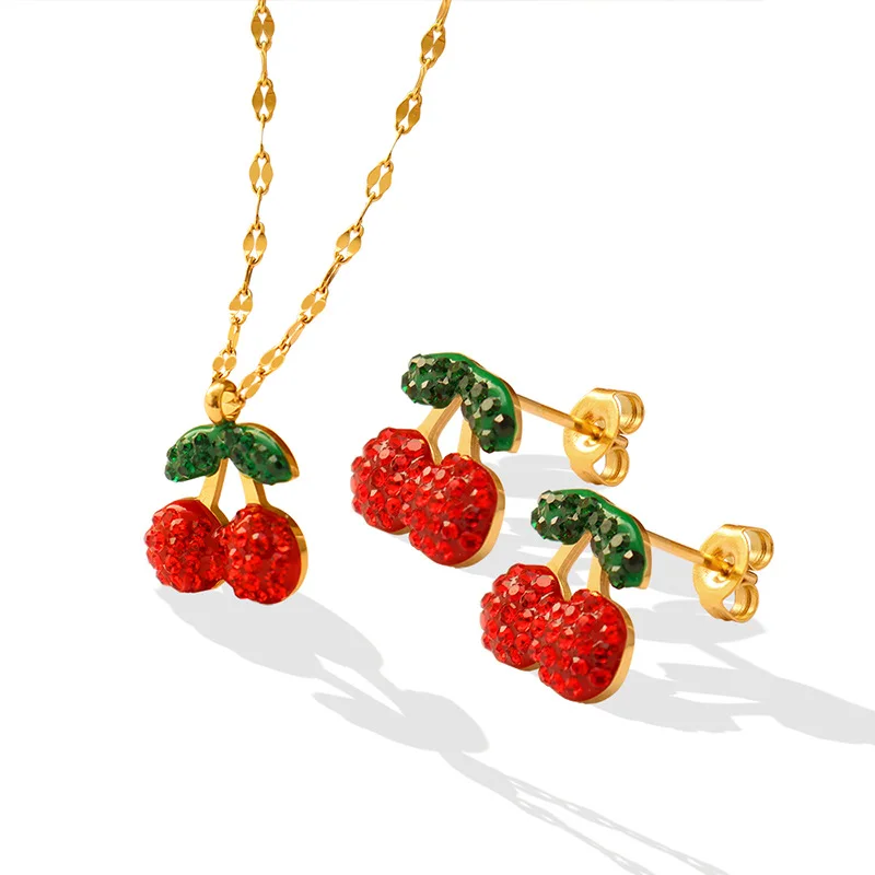 

Japan and South Korea Style Zircon Inlaid Red Diamond Small Cherry Earrings Jewelry Set Pastoral Romantic Necklace and Earring