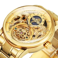 winner gold skeleton tourbillon watch for men mechanical wristwatches moon phase luminous luxury watches stainless steel strap