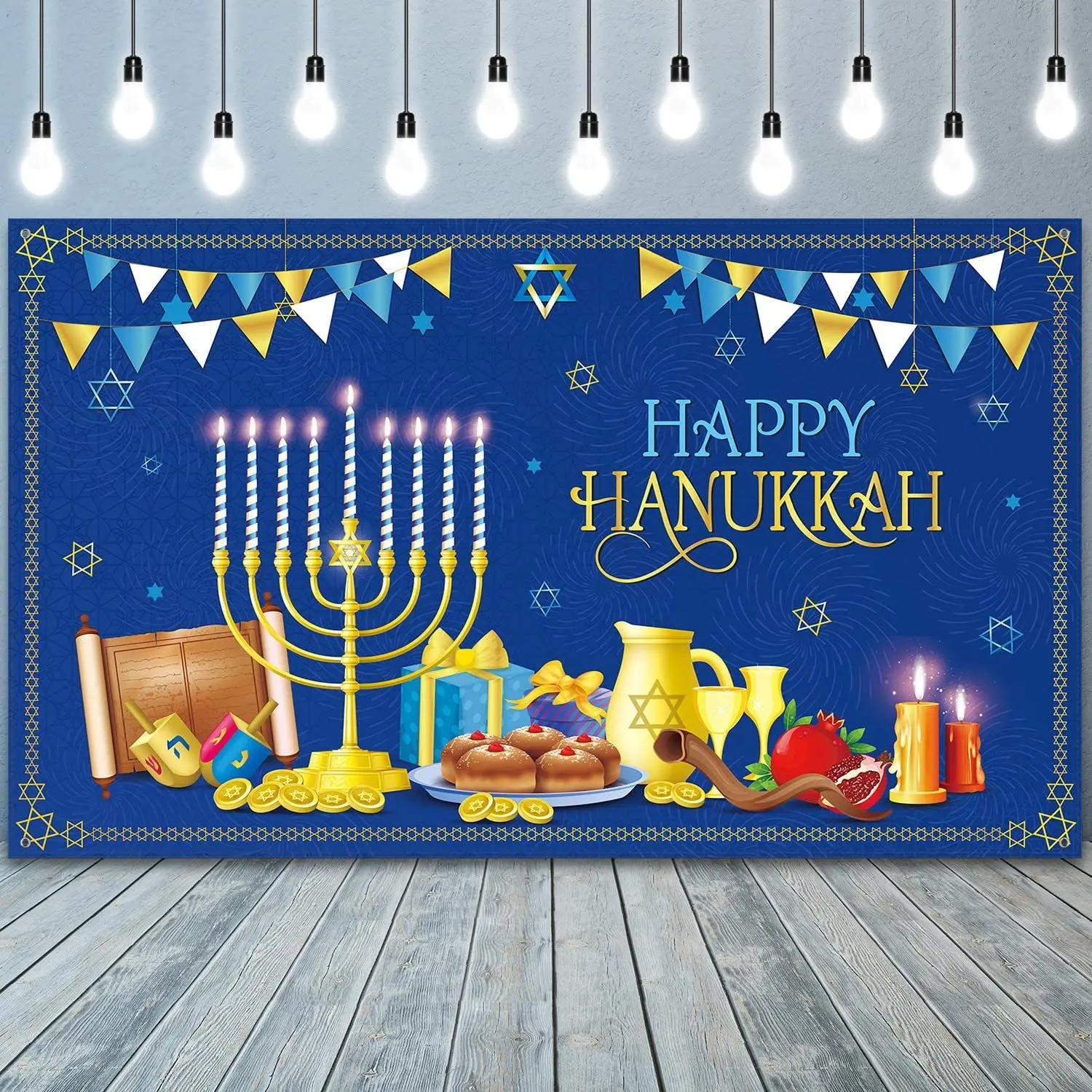 

Blue Happy Hanukkah Backdrop with Hanukkah Menorah Dreidel Pattern Jewish Festival Chanukah Photography Background Decorations