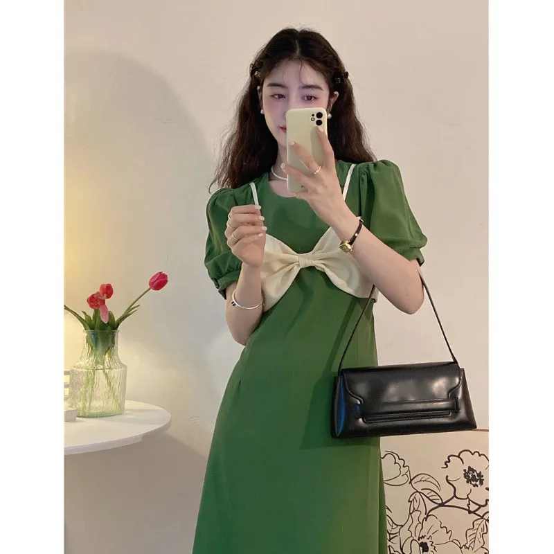 

Сексуальное летнее праздничное милое зеленое платье с бантом для девушек, облегающее платье-трапеция с круглым вырезом и пышными рукавами, ...