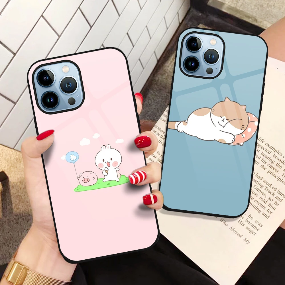 

Tempered Glass Cute Pig Cat Case for iPhone 14 13 12 11 Pro Max Mini XS XR X 7 8 6S Plus SE 2022 Luxury Cover Bumper Fundas