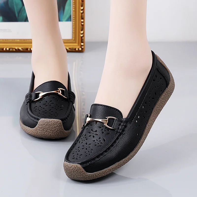 Womens Office Metal Bar Loafers Navy Blue Leather Flats Shoes Women's Modern Classics Loafer Ladies Cutout Flat Nurse Shoes 2023