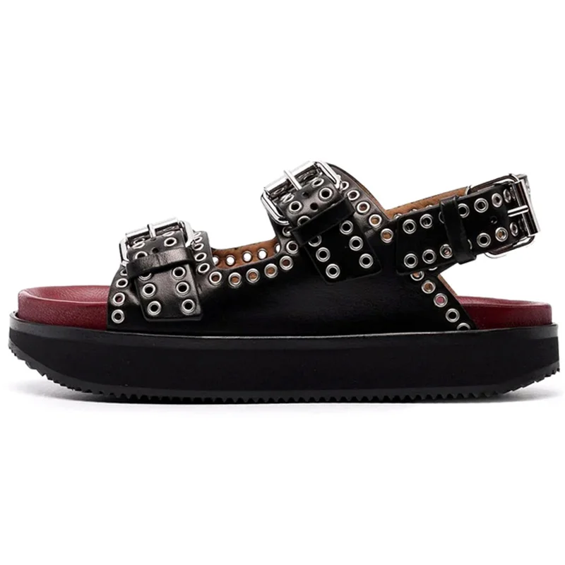 Women's Fashion Metal Buckle Platform Sandals Lolita Style Round Toe Thick Bottom Women Shoes Rivet Genuine Leather Open Toe