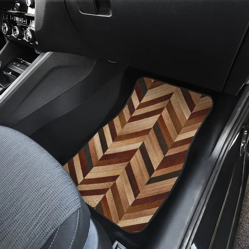Brown Diagonal Wood Pattern Car Floor Mats Set, Front and Back Floor Mats for Car, Car Accessories images - 6