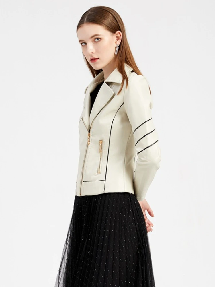 Ladies Thin PU Leather Short Jackets for Women 2022 Autumn Fashion Turn Down Collar Zipper Jacket Casual Motorcycle Clothing