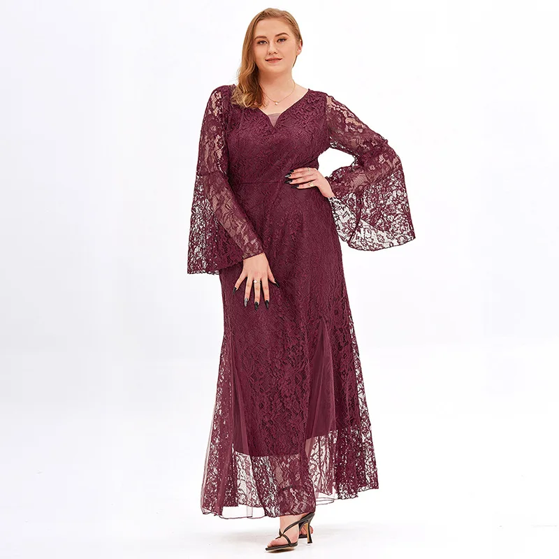 Women's Long Sleeve Dresses 2022 Summer New Fashion Lace Mesh V-Neck Dresses Fat MM Elegant Loose Long Skirts