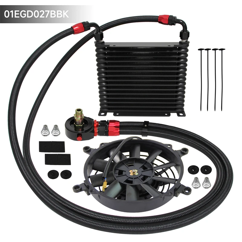

Universal 32mm 15 Row AN8 Aluminum Engine 226MM Oil Cooler Kit + 7" Electric Fan Black For BMW X5