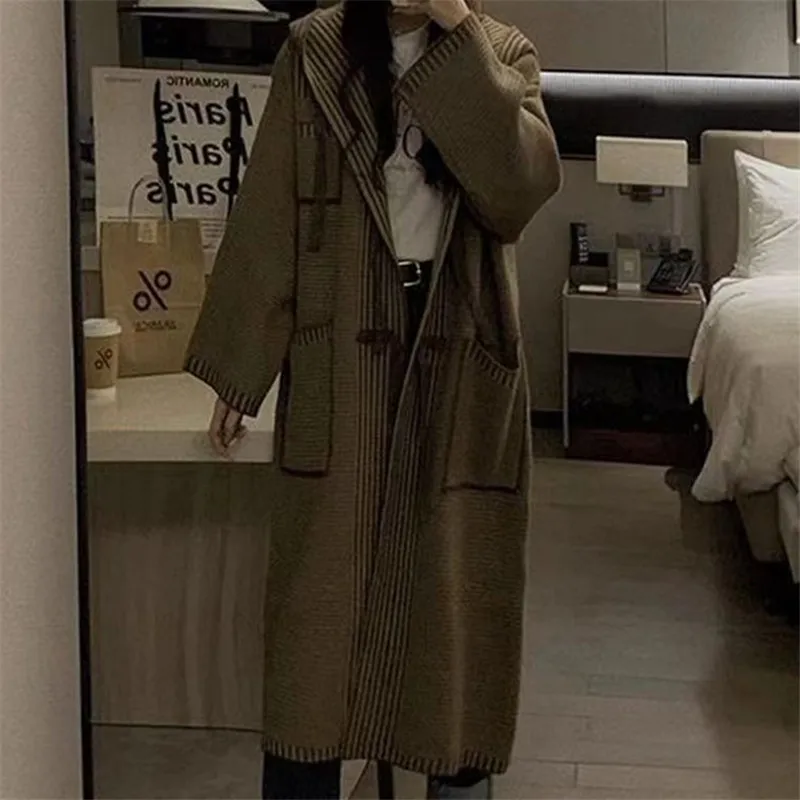 

Новинка Осень/Зима 2023 Модный повседневный свободный стильный универсальный длинный вязаный кардиган с капюшоном пальто женская одежда