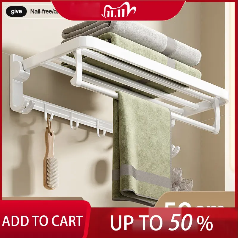 

Matte White 50CM Towel Rack With Hook Aluminum Holder Bathroom Accessories Folding Wall Rail Organizer Hanger Storage Shelf