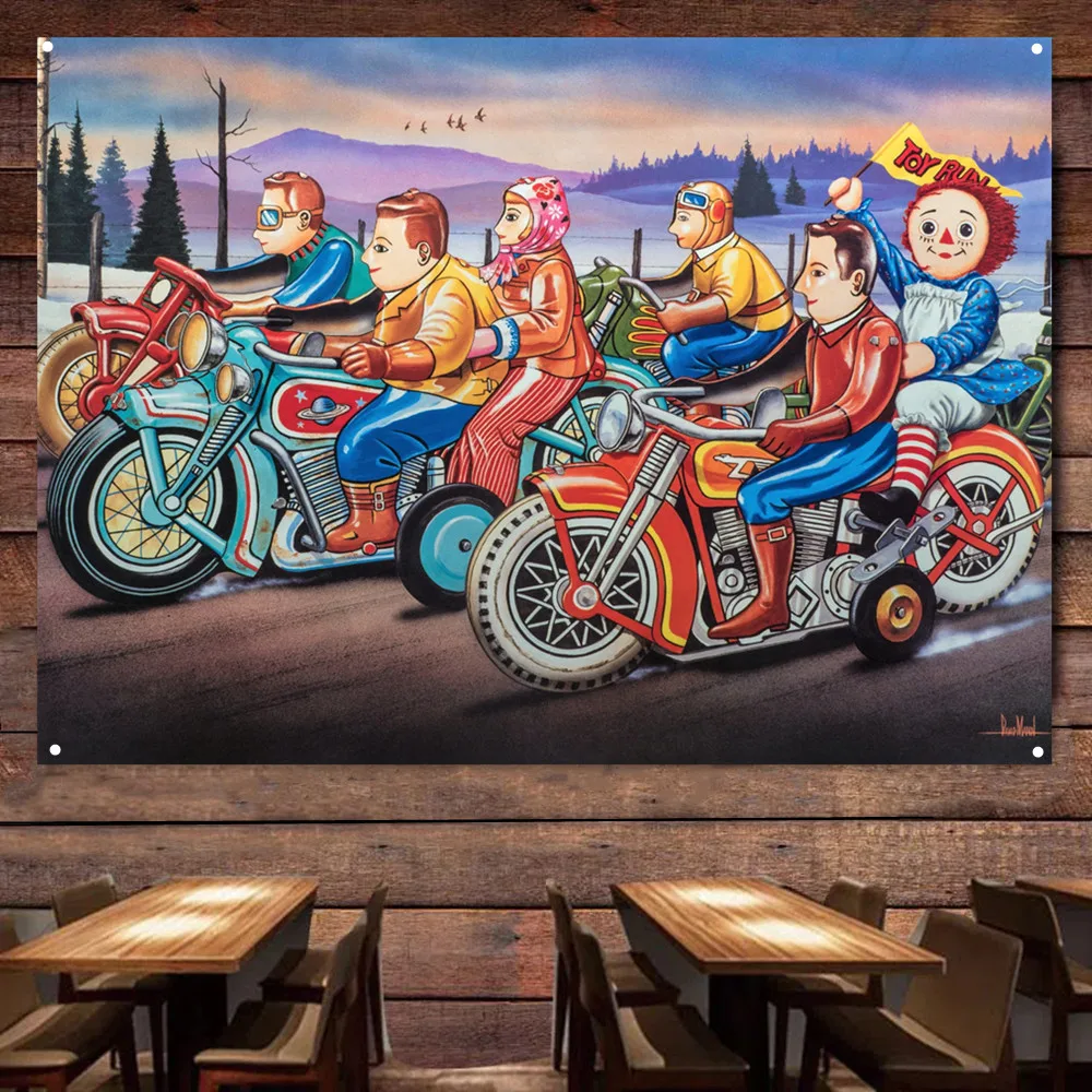

Cartoon Rider Vintage Motorcycles Banner Flag Poster Wall Art Painting Tapestry Man Cave Bar Club Pub Garage Home Decor Sticker