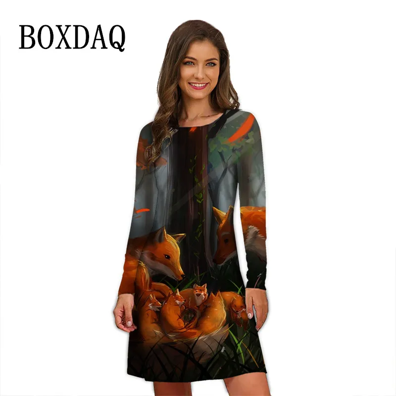 

Hot Sale New Animal Fox Art 3D Printed Fashion Dresses Casual Mini Dress Women Clothing 2022 Oversized Autumn Long Sleeve Dress