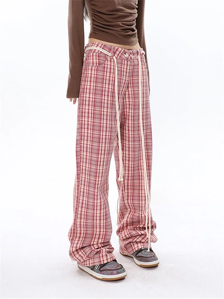 

Oversize Drawstring Lace Up Plaid Pants Chic Women Harajuku Checked Wide Leg Trousers Woman 2022 New Hip Hop Casual Loose Pants
