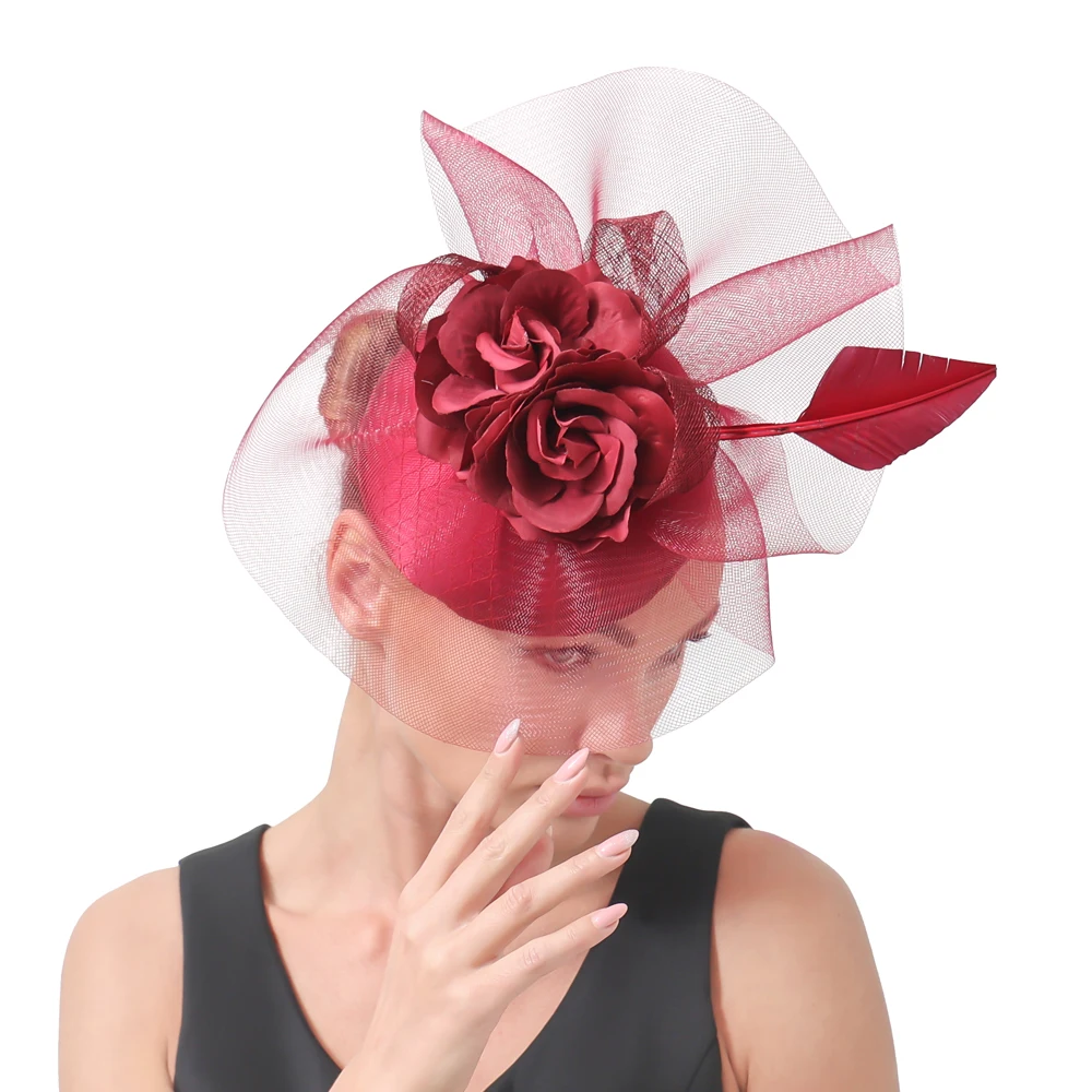 Marron Fascinator Hat с цветочной вуалью и перьями модные пятна свадебные головные уборы