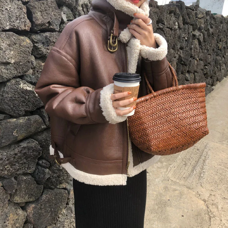 Faux Fur Lambswool Coat Winter Women Jacket Leather Coats Loose Warm Thicken Autumn Black Chic Outwear Female Jackets