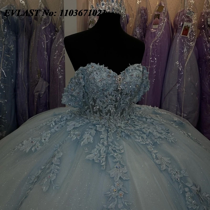 Блестящее синее платье EVLAST Quinnceanera бальное 3D Цветочная аппликация бисер бант