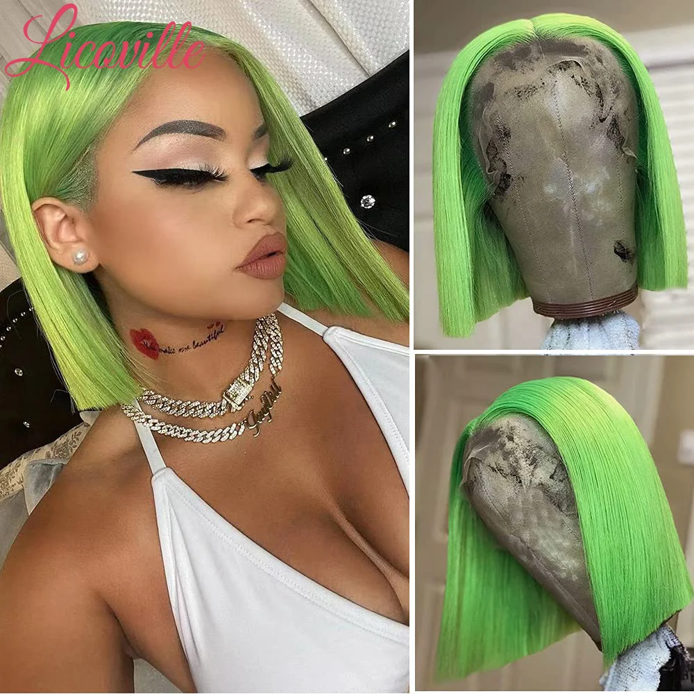 Lime Green Human Hair Wig Cheaper Natural Short Pixie Cut Hairpiece Glueless 13x4 Lace Front Headband Virgin Peruvian Pink Boba