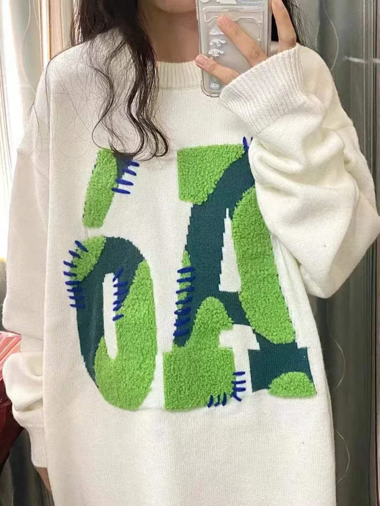 

Hikigawa Chic Fashion Women Vintage Streetwear Pullover Sweatshirt Autumn Loose Preppy Style Lovers Knitted Pull Femme Hiver Top